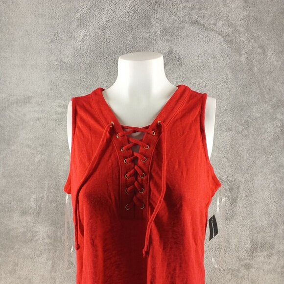 NWT INC Linen Blend Sleeveless Petite LARGE Top Henley lace Up Red Knit - Picture 2 of 11